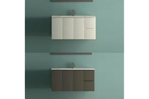 Bagno Italia Mueble de baño decoración Omega de 100 cm suspendido con lavamanos en cerámica, Blanco Brillante, Gris Topo