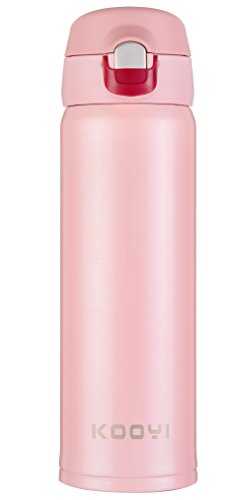 Kooyi Vakuum Isolierbecher aus Edelstahl, Kaffeebecher Reisebecher 450 ml, Koffee to go Becher, einhändig zu öffnen und Trinken, 100% auslaufsicher BPA frei (Rosa)