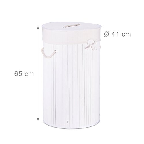 Relaxdays Wäschekorb Bambus rund Ø 41 cm, 65 cm hoch cm faltbare Wäschetruhe mit einem Volumen von 80 Litern mit Wäschesack aus Baumwolle zum Herausnehmen für Ecken und Nischen im Badezimmer, weiß - 2