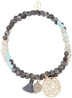 Ashiana Semi Precious Agate Beaded Elastic Bracelet Set with Charms - Grey
