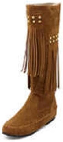 Women's matte PU tassels rivets Low heels large size boots High tube boots , brown , 45
