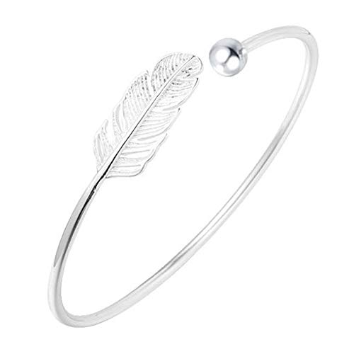 WikiMiu Bracelet Femme en Argent 925, Bracelet Jonc Feuille Ouvert Taille Réglable Style Bohême, Bijoux Fantaisie Cadeau pour Femme Fille pour Anniversaire Noël et Fêtes