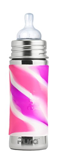 Pura Kiki 11 Oz / 325 Ml Stainless Steel Infant Bottle with Silicone Medium-Flow Nipple & Sleeve, Pink Swirl (Plastic Free, Nontoxic Certified, Bpa Free)