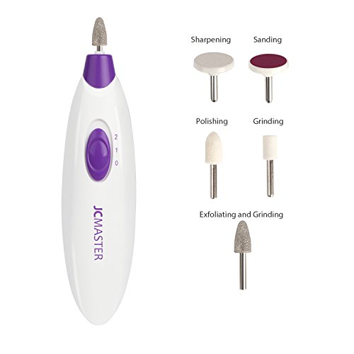 JCMASTER Maniküre/Pediküre/Hornhautentfernung 5 in 1 Set Batterie betrieben, mobiler Nagelfräser lila/weiß für privaten Gebrauch, Reisen und unterwegs - 3