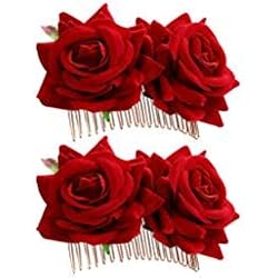 2 Piezas de Clip de Pelo de Flor Rosa Accesorios de Pelo de Flor de Rosa de Mujeres para Boda Bailaora de Flamenco (Rojo)