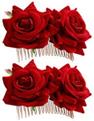 2 Piezas de Clip de Pelo de Flor Rosa Accesorios de Pelo de Flor de Rosa de Mujeres para Boda Bailaora de Flamenco (Rojo)