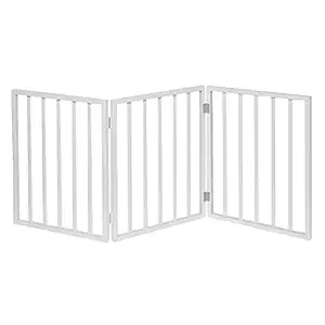 Home District Freestanding Pet Gate, Solid Wood 3-Panel Tri-Fold Folding Dog Gate Dog Fence for Doorways Stairs Decorative Pet Barrier - White Traditional Slat, 54