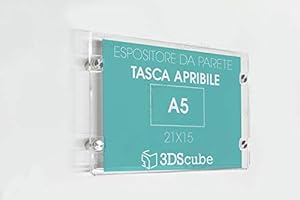 3DSCUBE targa in plexiglass da parete a tasca apribile, porta avvisi e depliant formato A5 orizzontale 21×15 cm, completa di distanziali in alluminio spazzolato