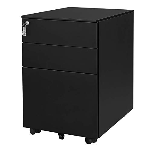 YOUKE Mobile File Cabinet con 3 cassetti piedistallo in Acciaio con Serratura a Sospensione File Guide sospese (Nero)