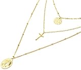 Collar corto acero moda mujer Oh My Shop cc2402 F - Collar Triple Fine Cadena con Medalla Martelé, Cruz y Virgen María Acero Dorado