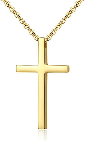REVESTEEL Simple Stainless Steel Cross Pendant Chain Necklace for Men Women, 20''-22’’ Link Chain (Pendant: Gold-Tone(Medium), 22’’ Chain)