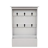 Praktischer Wandorganizer mit Schlüsselbrett und 2 Holztaschen, 6 Metallhaken, Holz Flur Diele Dekoration – Weiß - 2