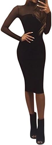 Ladies Sexy Black Mesh Lace Long Sleeved Adjustable Spaghetti Strap Bodycon Party Mini Fishtail Dress Camisole Slip Dress Choker High Neck Caged Sleeve Hollow Ladies Jumper Party Dress (Black, M)