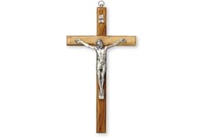 CROSS MY HEART 16cm High Olive Wood Wall Hanging Crucifix Cross with Silver Metal Corpus 10654