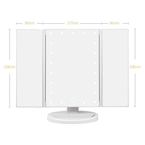 LED Make up Spiegel, Frideko 16 LEDs beleuchtete dreiseitig faltbarer Kosmetikspiegel mit abnehmbare 10x Vergrößerungsspiegel, Touch Schalter, Hinterbauständer, Batteriebetrieb für Badezimmer Schlafzimmer Reise Ankleideraum - 2