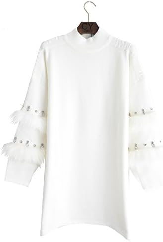 Lady fur and crystal Stone diamond embellished Sleeves long tunic knitted jumper wool blend funnel neck design