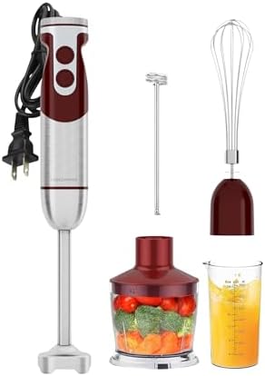 Set frullatore a immersione 5 in 1 MegaWise - 400 W, velocità variabile, acciaio inossidabile - Include tritatutto, frusta, montalatte e bicchiere (rosso)