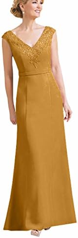 DingXuBao Women's New Lace Applique Mom Long Prom Dress Mother Bridesmaid Evening Dress(UK22, Golden)