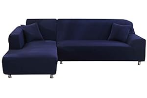 ele ELEOPTION Narzuty na sofę, elastyczne, ze stretchu, zestaw 2 szt., na sofę w kształcie litery L, w zestawie 2 poszewki na poduszkę (ciemnoniebieskie)