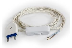 LND Câble Électrique Torsadé Blanc Cassé | Prémonté avec Fiche et Interrupteur | Prêt à Installer
