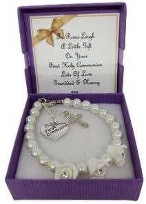 Girls Beaded Flower Faux Pearl White Bracelet First Holy Communion Gift Present With Personalised Card PEARL