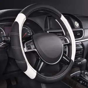 TOAVI Car Steering Wheel Cover | Microfiber Leather | Breathable, Anti Slip | Odourless | Racing Series | Black & Beige for Toyota Fortuner || Black+White