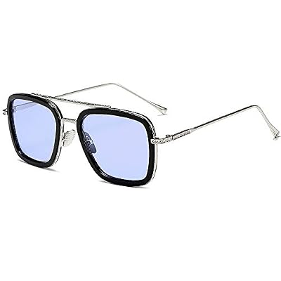 SHEEN KELLY Spider Man Edith Lunettes Tony Stark Lunettes de soleil Retro Square Silver Frame Bleu Lentille pour Hommes Femmes Tom Holland même couleur