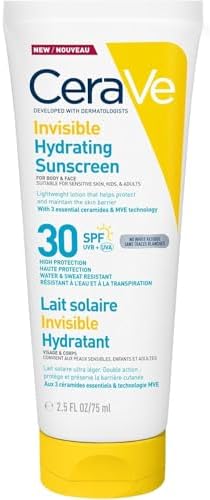 CeraVe Protezione Solare Idratante Invisibile SPF30, Per Tutte le Tipologie di Pelle, Protezione Alta, Idratazione 24 Ore, Texture Leggera e Invisibile Sulla Pelle, 75ml