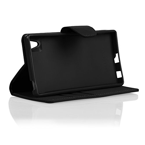EGO® Bookstyle Handy Tasche mit praktischer Aufstellfuntkion für Sony Xperia Z5 Schwarz Flip Case Magnetverschluss Book Cover mit Kartenfach Wallet Stand Schutz Hülle Canvas - 2