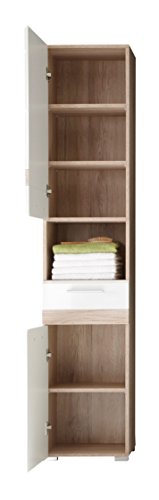 trendteam SO10396 Badezimmerhochschrank Eiche San Remo hell Nachbildung, Fronten in weiß hochglanz, BxHxT 37x182x31 cm - 2