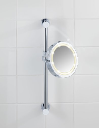 WENKO 20907100 Power-Loc LED Wandspiegel Carpi – Befestigen ohne bohren, Spiegelfläche ø 17.5cm, 500% Vergrößerung, Stahl, 25.5 x 50.5 x 23 cm, Chrom - 20