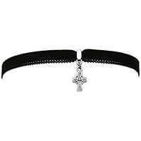 Choker Elastische Kette Schwarze Baumwolle/Polyester mit Kreuz Anhänger - Schmuck Handgemacht in Deutschland für Mädchen Damen