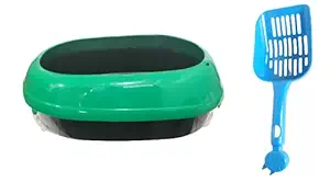 Woofy Cat Rabbit Litter Tray with Rim/Semi Closed Style of Cat, Dog, Rabbit Pet Toilet Litter Basin with Cat Litter Scooper (Green)