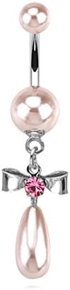 HBJ Unisex Dangle Belly Button Navel Piercing Stainless Steel Zirconia Bead Bow Teardrop 1.6 mm x 10 mm NSQ 1494 pink