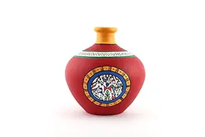 Thesoulartco Terracotta Handmade Hand Painted Matte Finished Red Warli Earthen Flower Vase with Neck for Home Decoration Living Room and Gifting