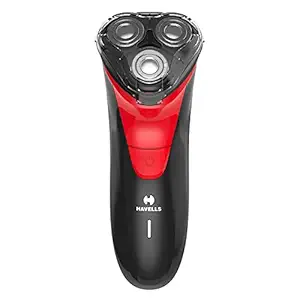 Havells RS7005 - 3 Head Rotary Shaver with Built in pop-up Trimmer for Wet & Dry Shave; IPX7 Waterproof; Protection from cuts (Black & Red)