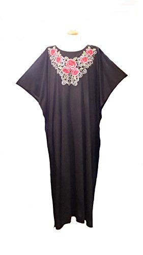 Ladies Black Cotton with Embroidery Knit Long Kaftan/Casual Dress (Satin Label). One Size Fit UK 10-32