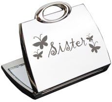 Silver Finish Engraved Sister Handbag Compact Mirror with Butterflies Great Gifts Idea for Birthday Gift Christmas Presents
