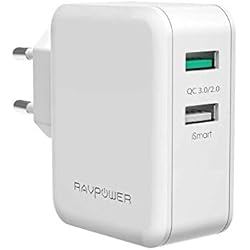 Cargador de Red 30W RAVPOWER Cargador Pared Doble Puerto USB QC3.0 Tecnología iSmart y Protección de Seguridad Compatible con Samsung iPhone LG Xiaomi Nexus iPad y Más-Blanco