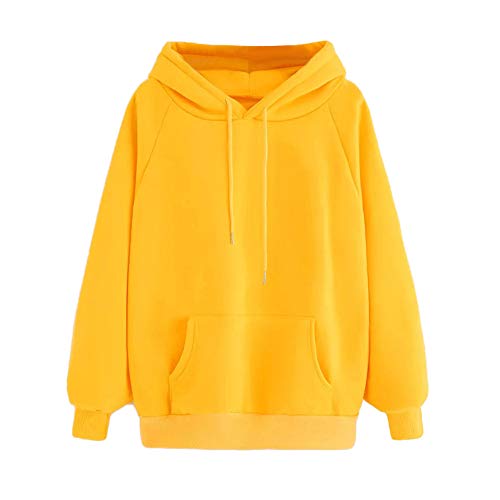 Preisvergleich Produktbild Geili Damen Frauen Herbst Einfarbige Langarm Sweatshirt Kapuzenpullover Mode Gelb Hoodie Langarmshirt Kapuzenpulli Causal Blusen Oberteile Basictop mit Taschen