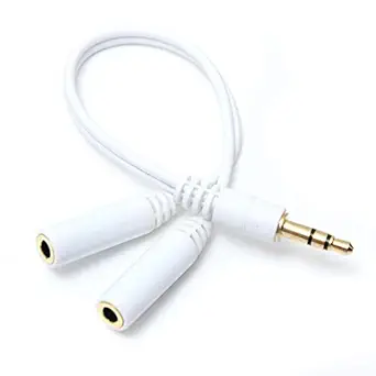 YASH VISION - White Y Cable - 3.5mm Jack 1 Male to 2 Female Stereo Headphone Earphone Jack Y Splitter Audio Adapter Cable - Gold Plated