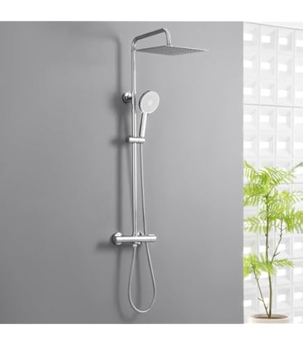 Douche-armatuur met Thermostaat, Rond Douchesysteem met Regendouche 20 x 20 cm, Complete Set met 3 Straalsoorten, Douchekop, 80-114 cm Douchestang, Chroom