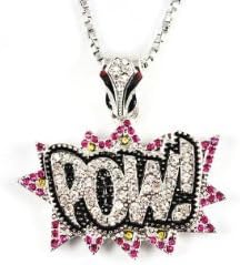 New ICED OUT POW PENDANT w/20" BOX CHAIN Small Silver Color Clear/Pink