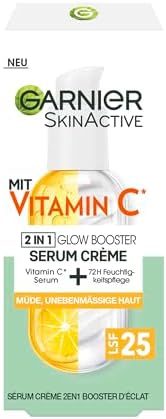 Garnier Crema sierica contro la pelle stanca e le macchie scure, cura del giorno 2 in 1 per un maggiore bagliore e una carnagione uniforme, con vitamina C, Skin Active, 50 ml