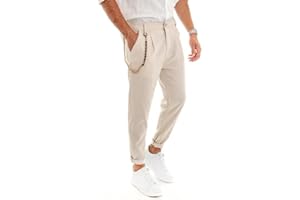 Giosal- Pantalone Elegante Uomo di Lino Regular Tinta Unita con Catena,Modello Tasca America Vari Colori