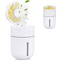 EVILTO 400ml Mini Humidificateur d'air avec Ventilateur, USB Rechargeable Portable Fan Climatiseur Purificateur Super Mute Night lumière 2 Mode de Brume Fraîche, 7 Couleurs LED(Blanc).