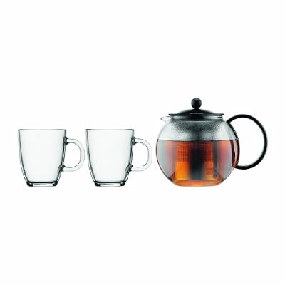 Bodum - K1805-01 - Assam - Set Théière à Piston 1.0 L + 2 Verres Pavina 35 cl avec Bandeau Silicone - Noir
