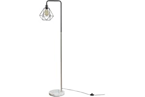 MiniSun Retro Style Black/Chrome Metal & White Marble Base Floor Lamp - Complete with a Gloss Black Metal Basket Cage Shade