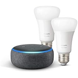 Echo Dot (3ème génération), Tissu anthracite + Philips Hue White Pack de 2 ampoules LED connectées (E27), compatibles avec Bluetooth et Zigbee (aucun hub requis)