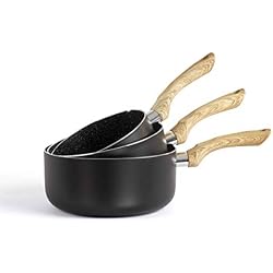 LIVOO MEP115 Set de 3 casseroles aspect pierre & bois, Noir/Marron